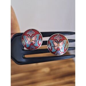 Vintage 80s Earrings Red Enameled 5/8"‎ Floral Butterfly Colorful Cloisonne